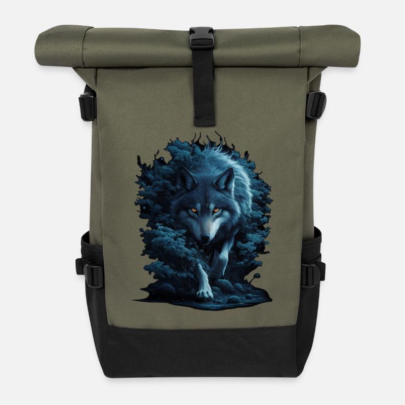 Mystic Wolf in Night Forest - Roll Top Backpack - olive/black