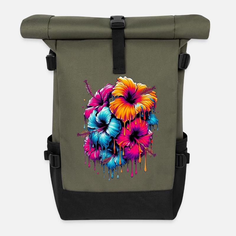 Hibiskusblüten - Rolltop Rucksack - Olive/Schwarz