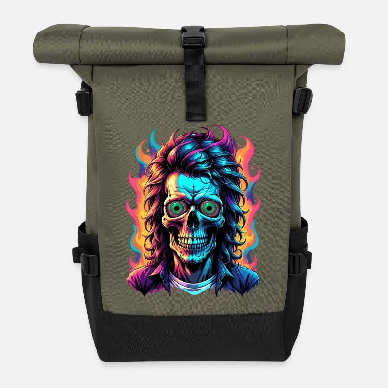 Neon Skull with Vibrant Flames - Roll Top Backpack - olive/black