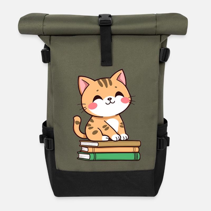 Chat avec des livres - Sac à dos roll top - olive/noir