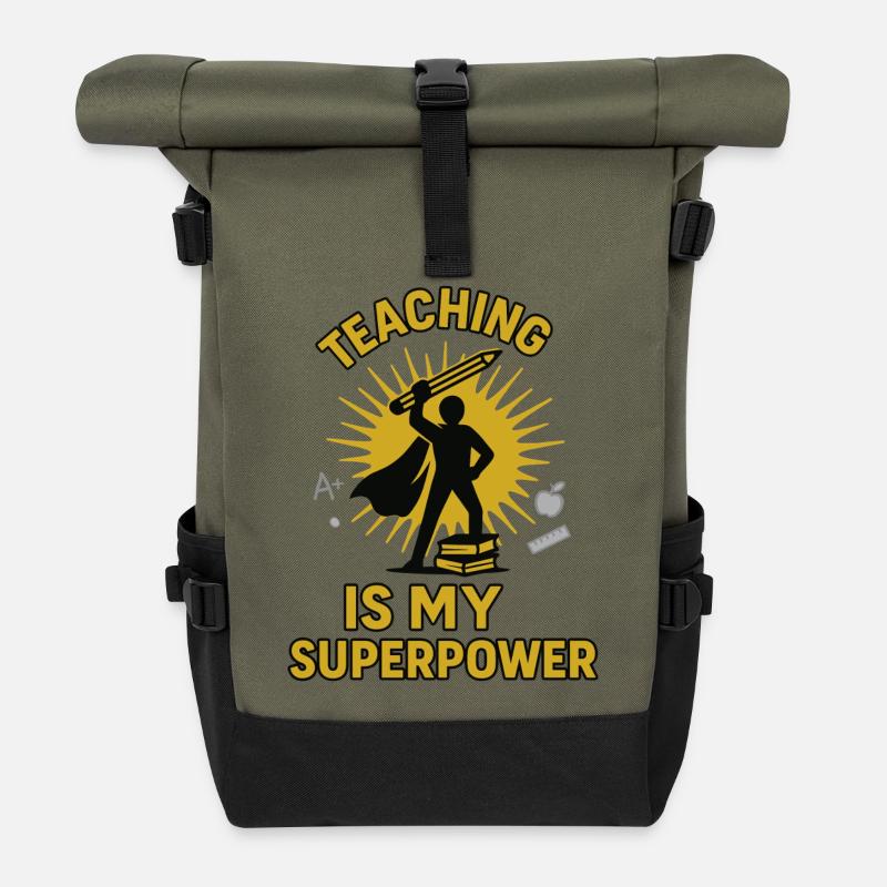 Teacher Superhero Design - Roll Top Backpack - olive/black