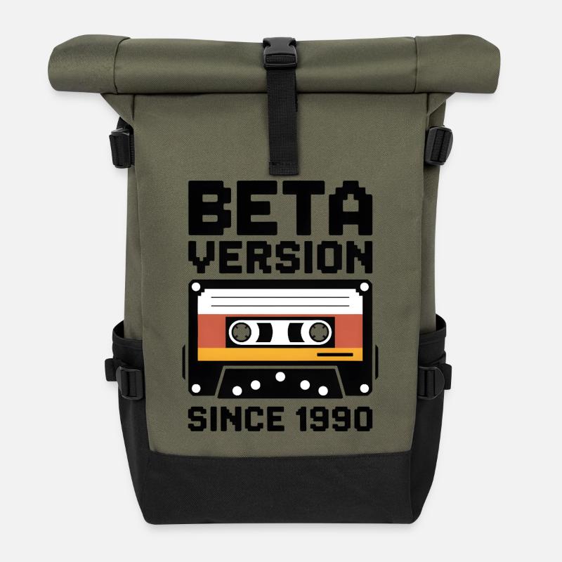 Retro Cassette Print Design - Roll Top Backpack - olive/black