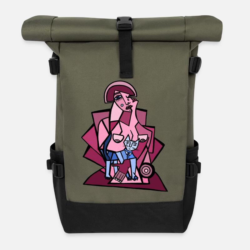 Me, Overthinking with My Cat - Roll Top Backpack - olive/black