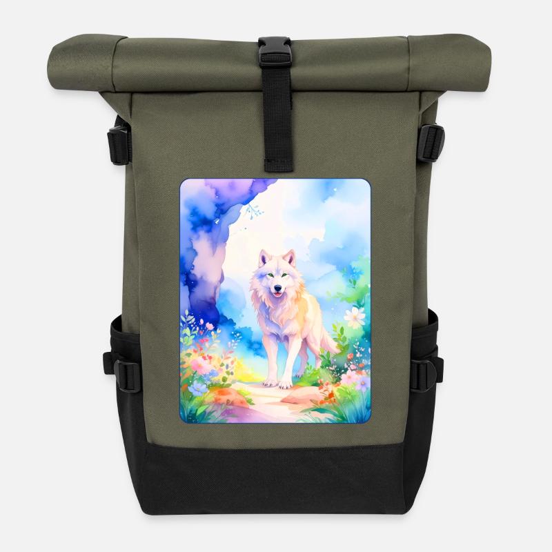 Loup blanc entouré de fleurs - Sac à dos roll top - olive/noir