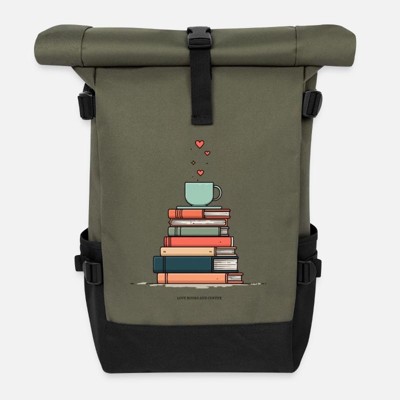 Stack of books & coffee cup - Roll Top Backpack - olive/black