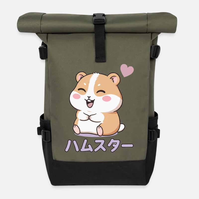 Bonheur du cœur du hamster de Kawaii - Sac à dos roll top - olive/noir