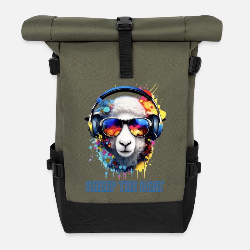 Sheep The Beat: Colorful Headphone Sheep - Roll Top Backpack - olive/black