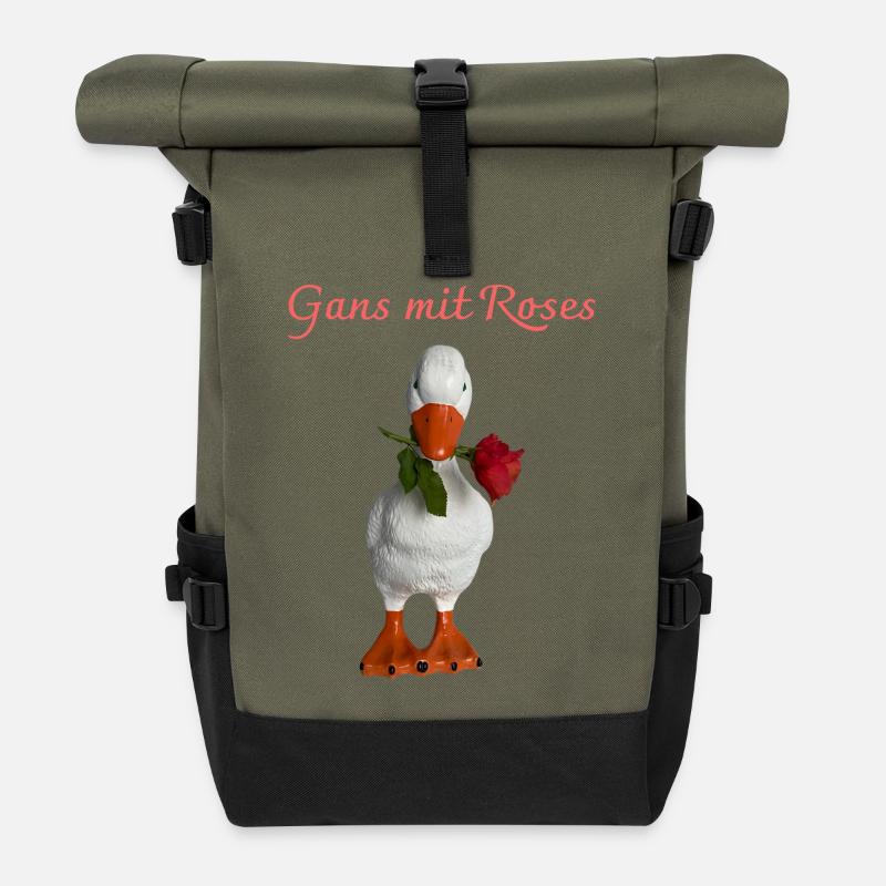 Gans mit Rose – Verspielte Figur - Rolltop Rucksack - Olive/Schwarz