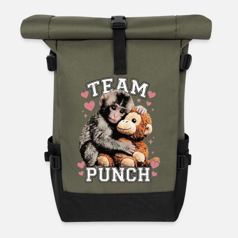 Funny Cute Baby Monkey Team Punch - Roll Top Backpack - olive/black