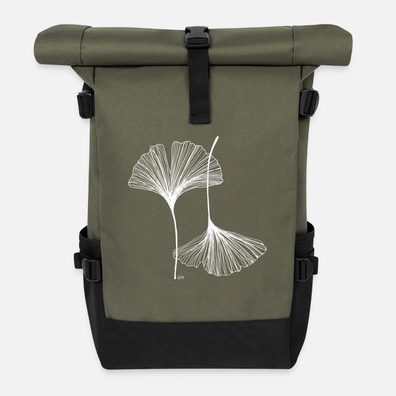 Feuilles de Ginkgo Lineart - Sac à dos roll top - olive/noir