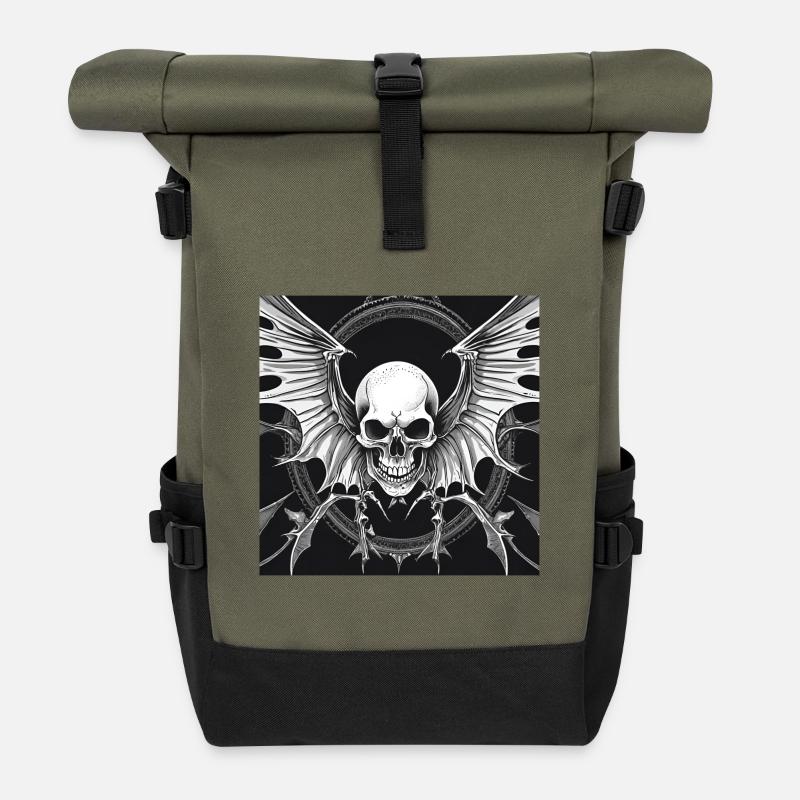 Fledermaus Skull - Rolltop Rucksack - Olive/Schwarz