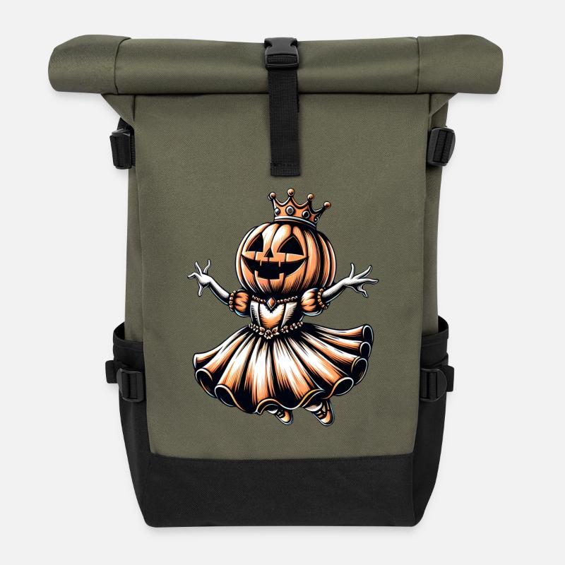 Halloween Kürbis Prinzessin mit Krone - Rolltop Rucksack - Olive/Schwarz