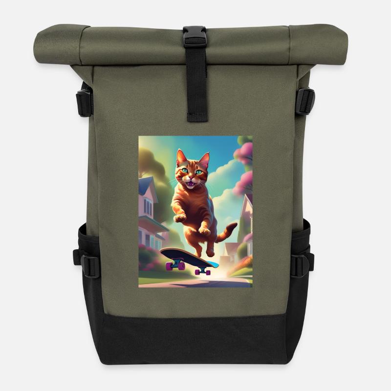 Katze Skateboaring - Rolltop Rucksack - Olive/Schwarz