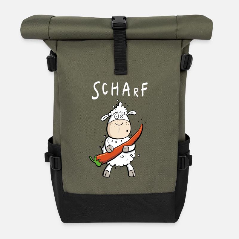 Peperoni Schaf I Scharf Comic Wortspiel - Rolltop Rucksack - Olive/Schwarz