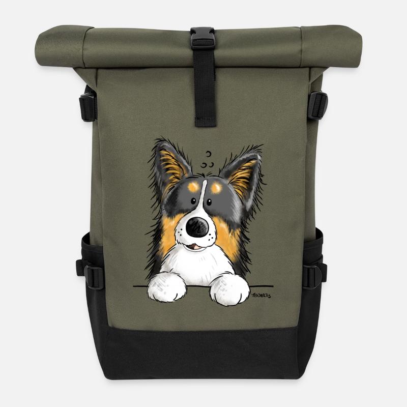 Pfiffiger Border Collie - Hund - Comic - Dog - Rolltop Rucksack - Olive/Schwarz