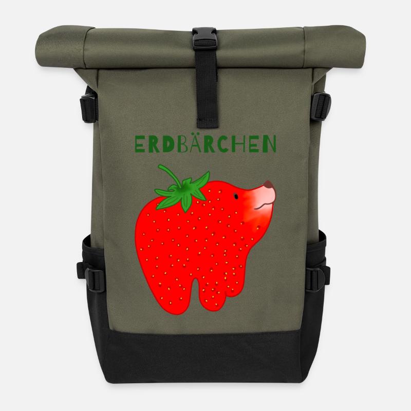 Erdbärchen Cartoon-Motiv - Rolltop Rucksack - Olive/Schwarz