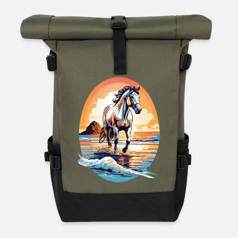 Pferd am Strand - Rolltop Rucksack - Olive/Schwarz