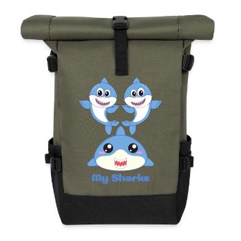 Entzückendes Hai-Freunde-Cartoon-Design - Rolltop Rucksack - Olive/Schwarz - Vorne