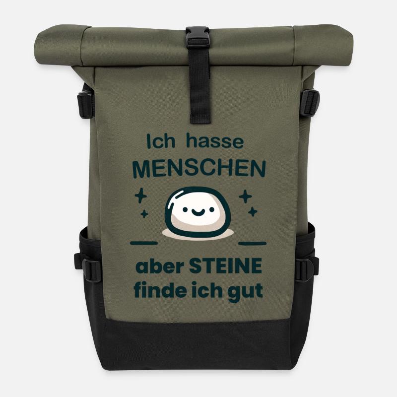 Ich hasse Menschen, aber Steine finde ich gut. - Rolltop Rucksack - Olive/Schwarz
