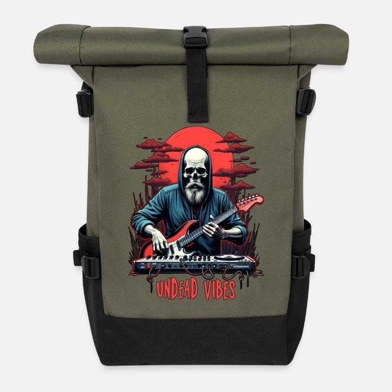 UNDEAD VIBES, Untoter Skelett mit einer Gitarre - Rolltop Rucksack - Olive/Schwarz