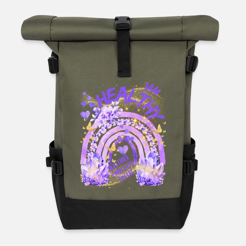 Gesundheit - Ich bin gesund mit Regenbogen - Rolltop Rucksack - Olive/Schwarz