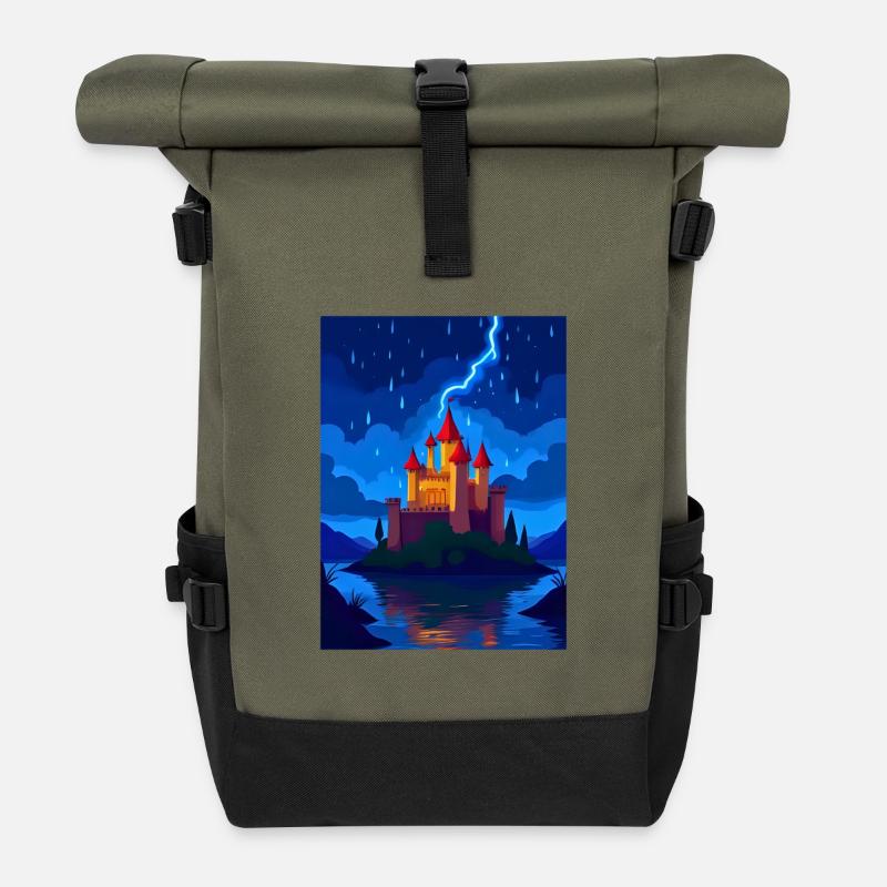 Enchanted Castle with Night Lightning - Roll Top Backpack - olive/black