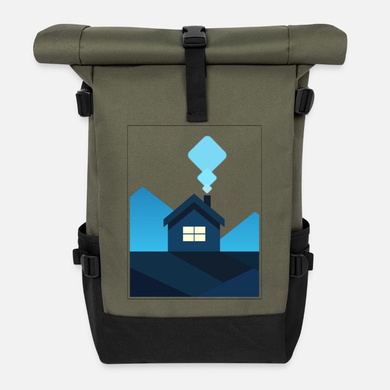 Abstract Minimalist House in Blue - Roll Top Backpack - olive/black