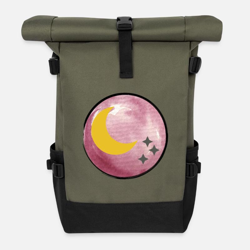 Moon and stars illustration on watercolors - Roll Top Backpack - olive/black