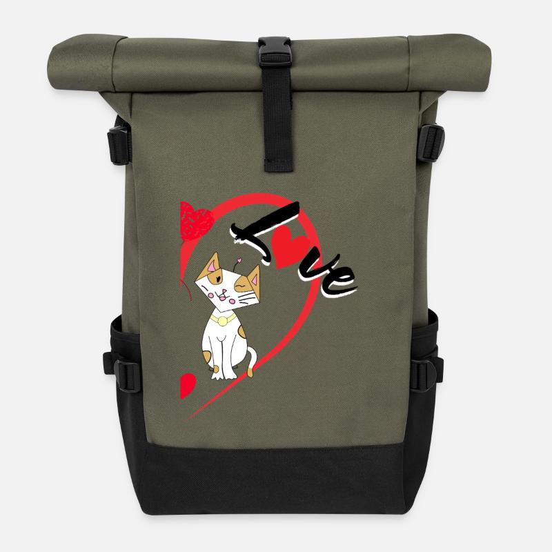 Katze mit der Aufschrift Liebe halbes Herz - Rolltop Rucksack - Olive/Schwarz