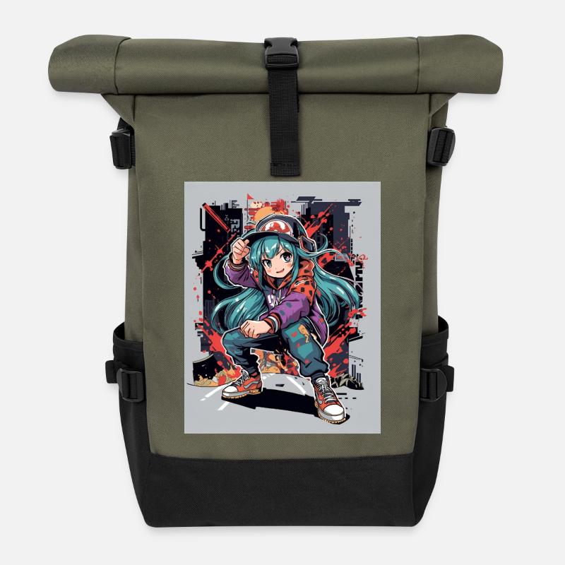 Tealhaar Anime Streetstyle Mädchen - Rolltop Rucksack - Olive/Schwarz