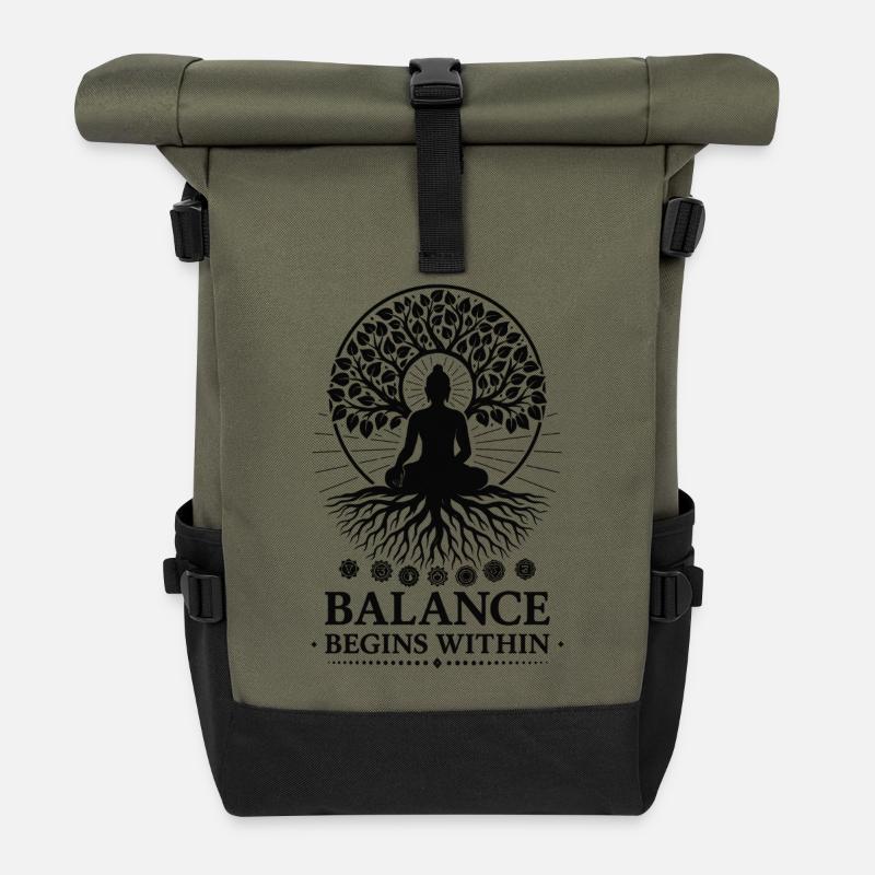 Meditation Design with Saying Balance begins within - Roll Top Backpack - olive/black
