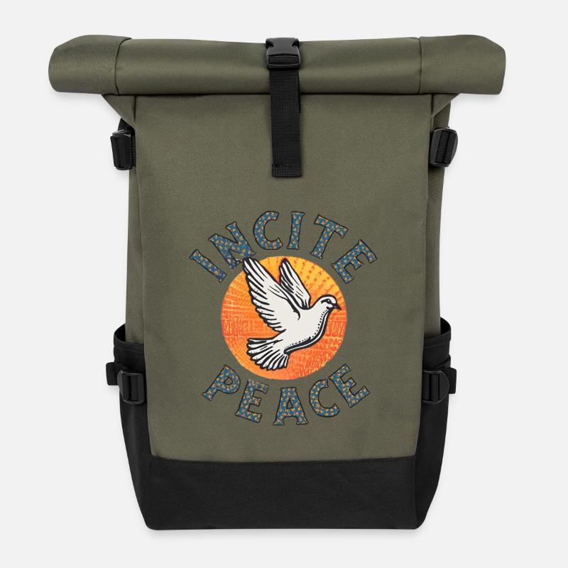 Retro Peace Dove - "Incite Peace" - Roll Top Backpack - olive/black