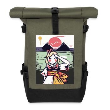Japanisches Mädchen mit Sonne Meer und Bergen - Rolltop Rucksack - Olive/Schwarz - Vorne