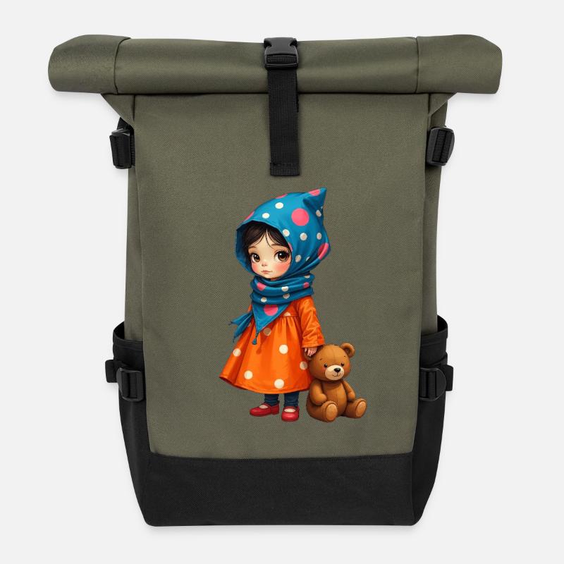 Polka Dot Girl and Bear - Roll Top Backpack - olive/black