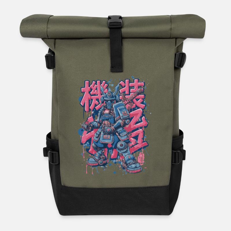 Samurai Mech – Anime Manga Roboter Motiv - Rolltop Rucksack - Olive/Schwarz