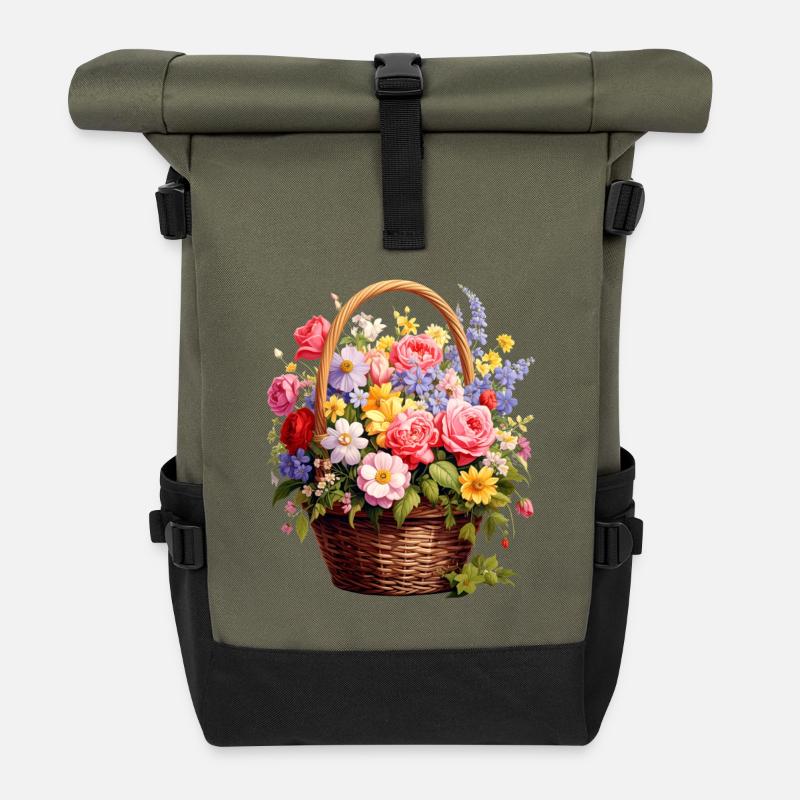 Weidenkorb mit Frühlingsblumen - Rolltop Rucksack - Olive/Schwarz