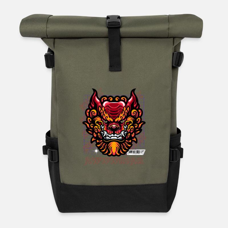Neon-Drachen-Porträtfeuer - Rolltop Rucksack - Olive/Schwarz