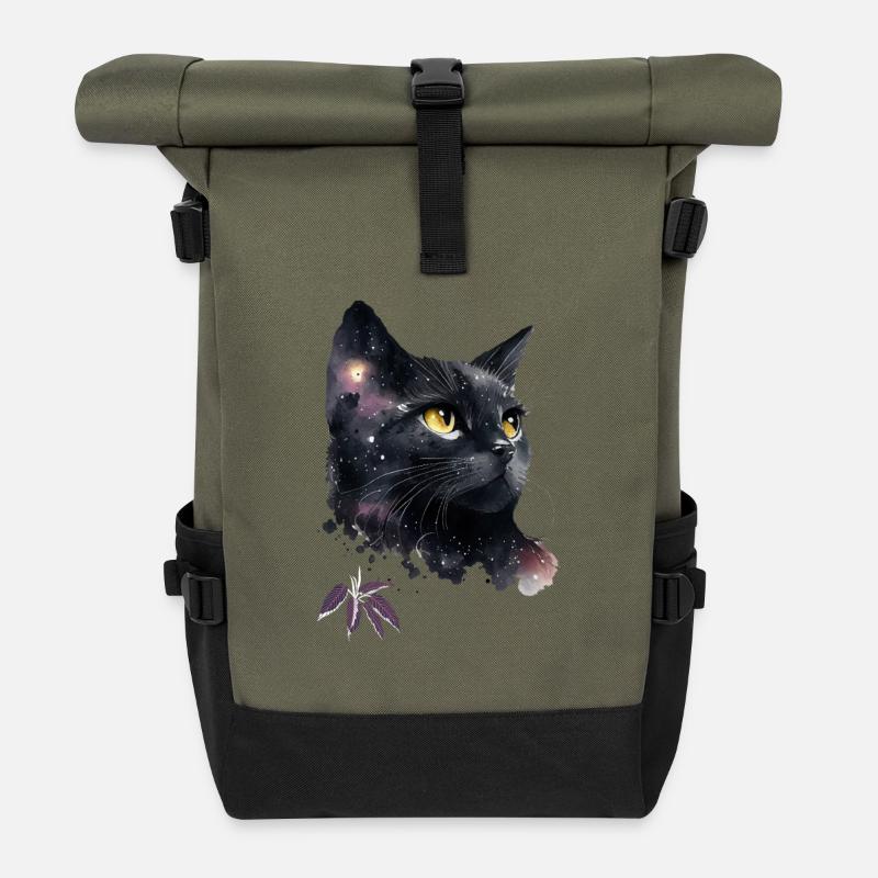 Galactic Cat in the Night - Roll Top Backpack - olive/black