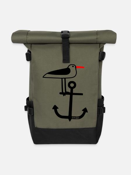 Ostseeliebe- Die Möve auf dem Anker - Rolltop Rucksack - Olive/Schwarz