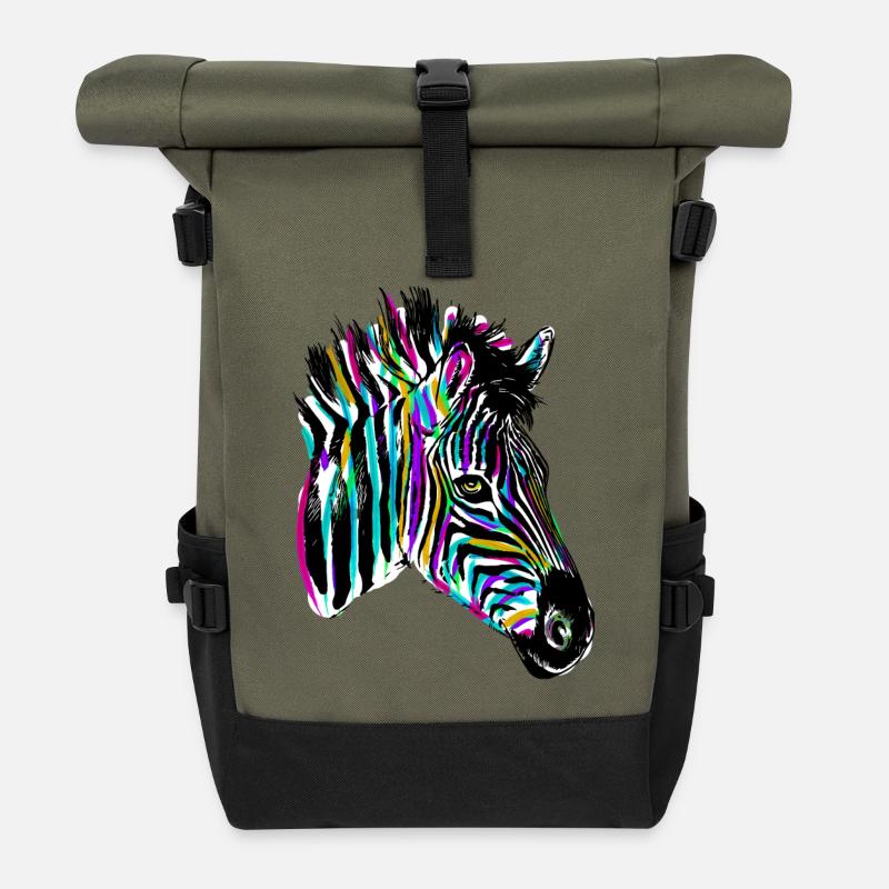 Buntes Zebra - Farbiges Zebra - Rolltop Rucksack - Olive/Schwarz