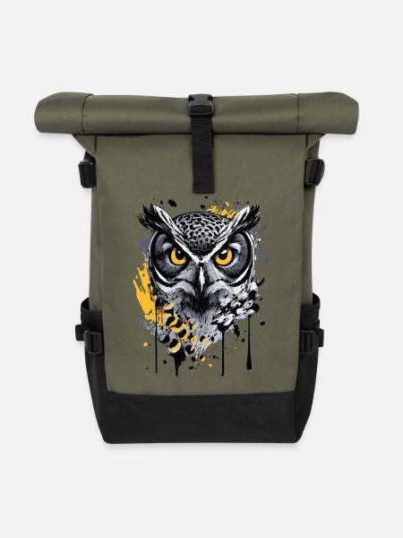 Eule Bunt - Nachteule - Schleiereule - Kauz - Rolltop Rucksack - Olive/Schwarz