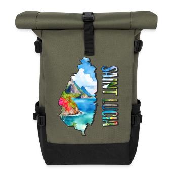 Watercolor Map of Saint Lucia - Roll Top Backpack - olive/black - Front