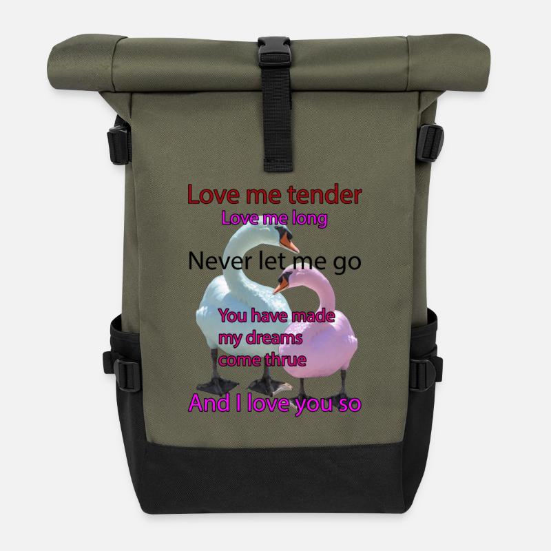Schwäne: Liebe mich zärtlich - Rolltop Rucksack - Olive/Schwarz