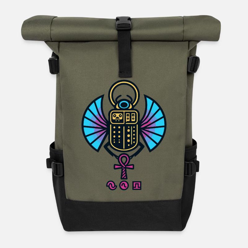 Winged Neon Scarab with Ankh - Roll Top Backpack - olive/black