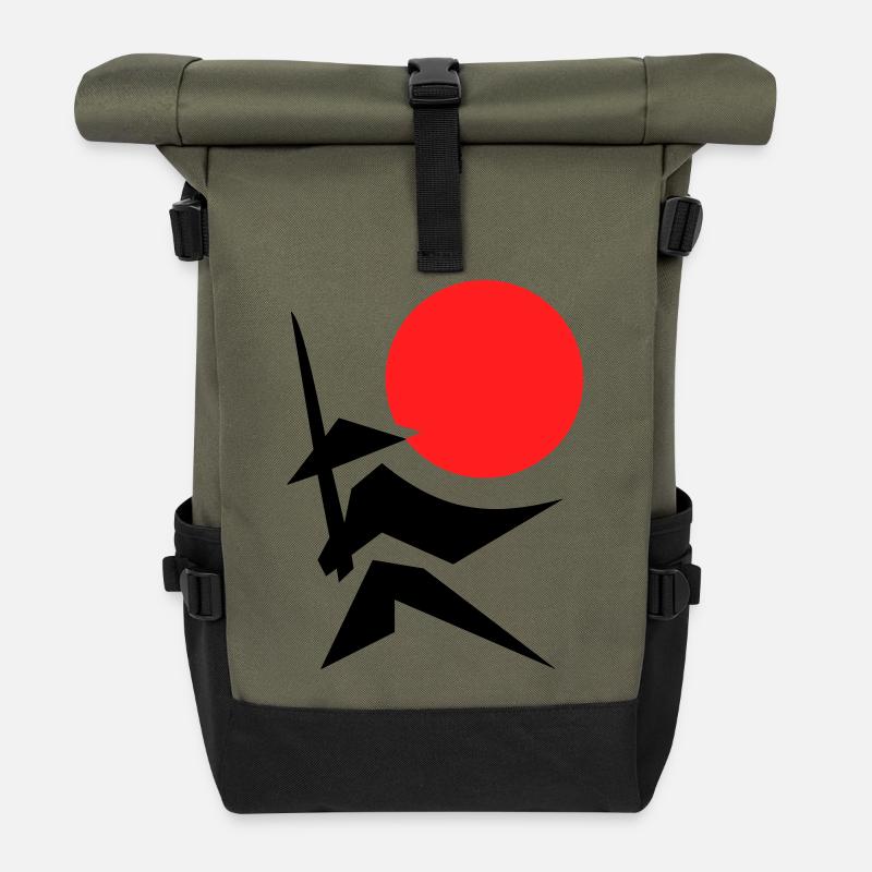 Abstraktes Bild mit Samurai Rot Schwarz - Rolltop Rucksack - Olive/Schwarz