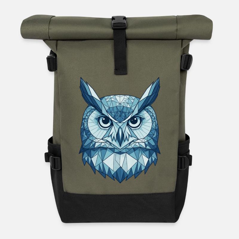 Geometrische Eulen im Polygonstil Blau - Rolltop Rucksack - Olive/Schwarz