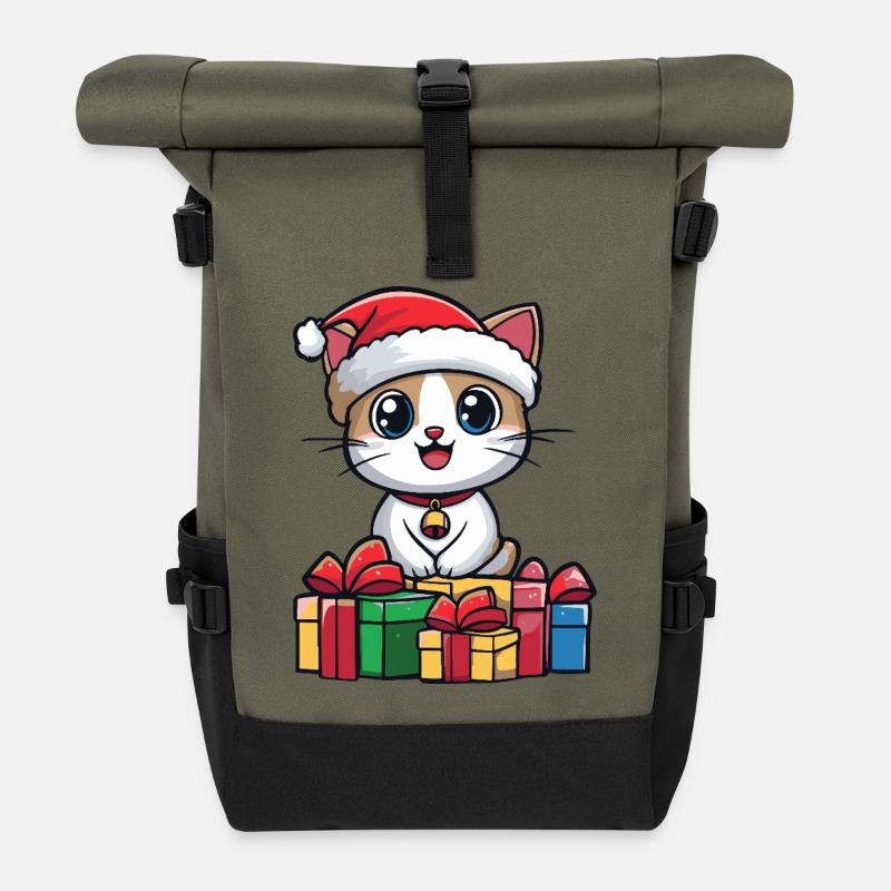 Katze Weihnachten Geschenke Kopf - Rolltop Rucksack - Olive/Schwarz