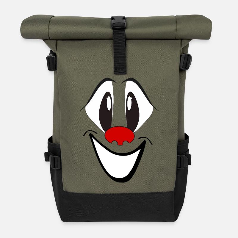 Lachendes Cartoon Gesicht mit roter Nase - Rolltop Rucksack - Olive/Schwarz
