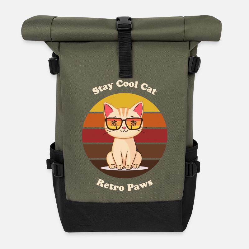 Retro Cool Cat - Rolltop Rucksack - Olive/Schwarz