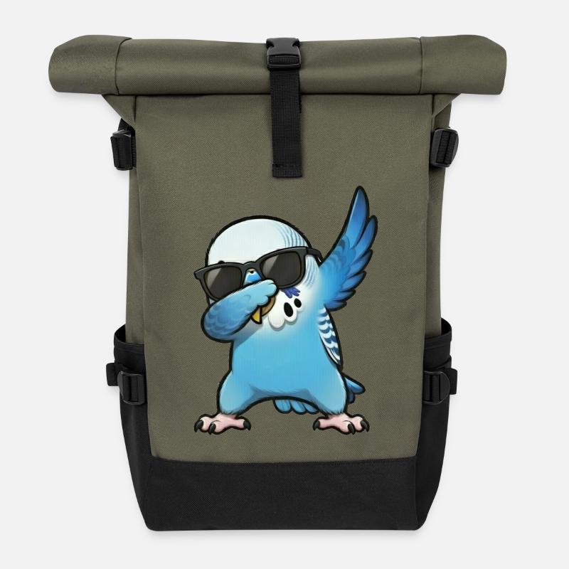 Dabbing Budgie Blue - Roll Top Backpack - olive/black